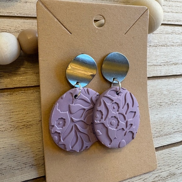 Lavender Floral Embossed Earrings with Silver Studs | Handmade Statement Jewelry - Picture 3 of 7